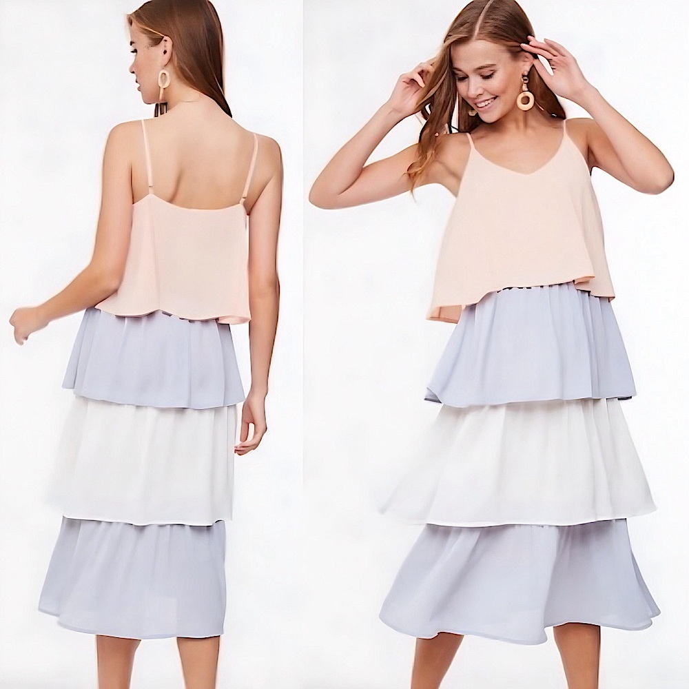 LOVE Tiered Midi Spaghetti Strap Lavender Coral White Small